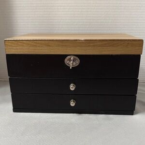 Lockable Jewelry Box with 3 Tiers Wood Grain Colored Lid Velvet Lining Mirror